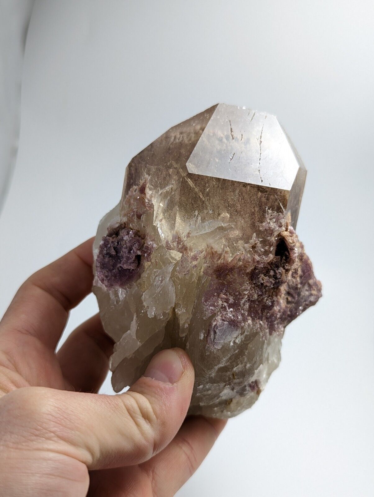 Large Smoky Quartz Crystal Point w/ Lepidolite + Inclusions, Brazil, A+