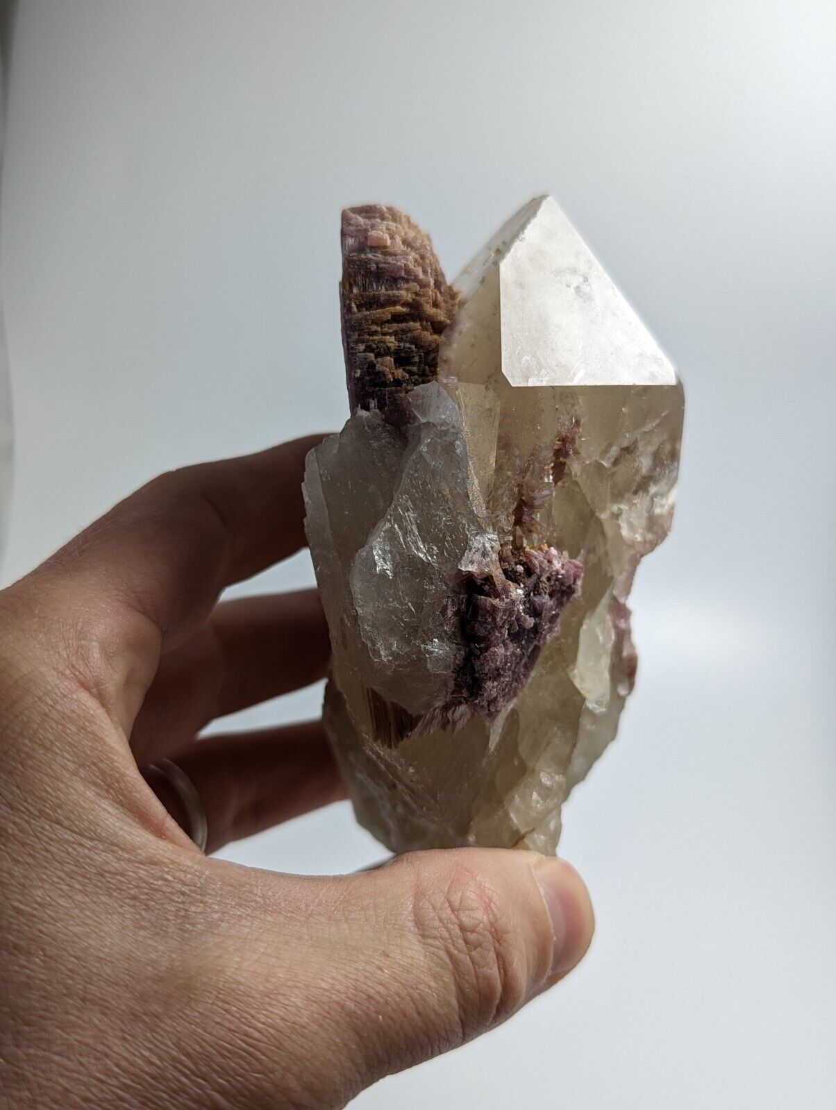 Large Smoky Quartz Crystal Point w/ Lepidolite + Inclusions, Brazil, A+