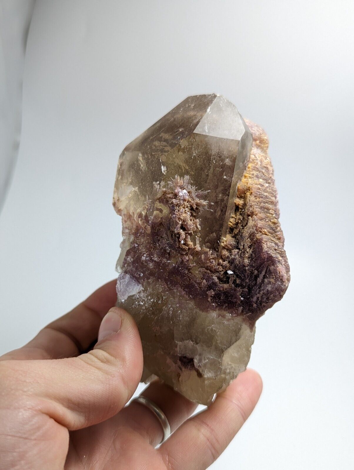 Large Smoky Quartz Crystal Point w/ Lepidolite + Inclusions, Brazil, A+