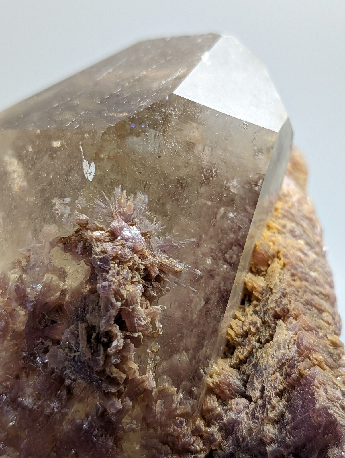 Large Smoky Quartz Crystal Point w/ Lepidolite + Inclusions, Brazil, A+